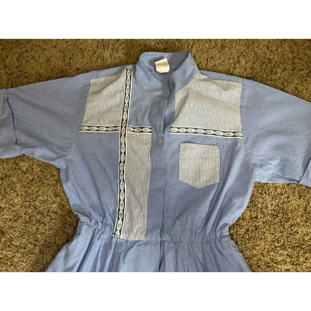 Vintage 70s 80s Fit & Flare Midi Dress Blue Stripe Elastic Waist Cotton USA 10 - Picture 6 of 9